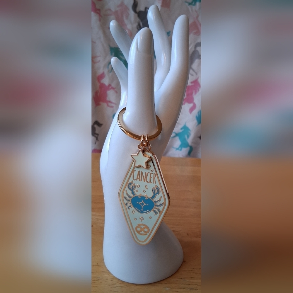 Modern Expression Blue & Gold Tone Cancer Horoscope Astrology Keychain Bag Charm